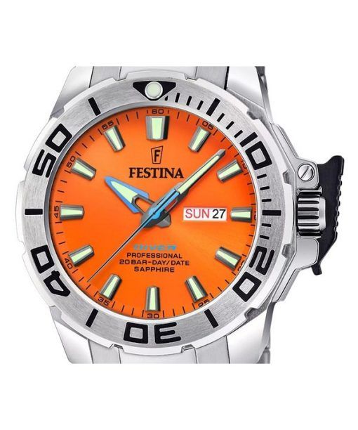 Festina The Originals Edelstahl orangefarbenes Zifferblatt Quarz Taucheruhr F20665-5 200M Herrenuhr