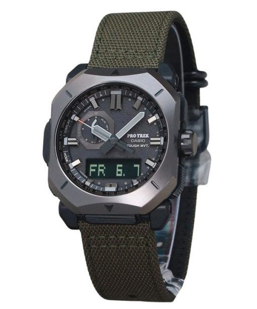 Casio ProTrek Analog-Digital-Armband aus grünem Cordura-Stoff, graues Zifferblatt, robuste Solar-PRW-6900YB-3 100M Herrenuhr