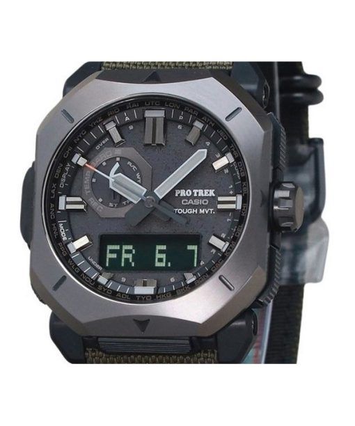 Casio ProTrek Analog-Digital-Armband aus grünem Cordura-Stoff, graues Zifferblatt, robuste Solar-PRW-6900YB-3 100M Herrenuhr