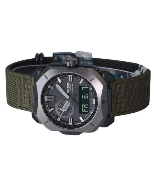 Casio ProTrek Analog-Digital-Armband aus grünem Cordura-Stoff, graues Zifferblatt, robuste Solar-PRW-6900YB-3 100M Herrenuhr