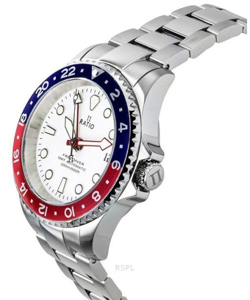 Ratio FreeDiver GMT-Serie Saphir Edelstahl weißes Zifferblatt blau rote Pepsi-Lünette Automatik RTF061 200M Herrenuhr