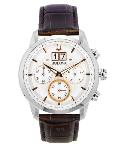 Bulova Sutton Big Date Chronograph Braunes Lederarmband Silbernes Zifferblatt Quarz 96B309 Herrenuhr