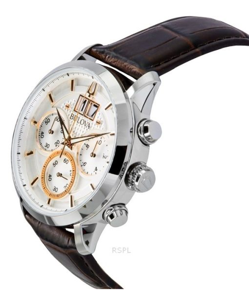 Bulova Sutton Big Date Chronograph Braunes Lederarmband Silbernes Zifferblatt Quarz 96B309 Herrenuhr