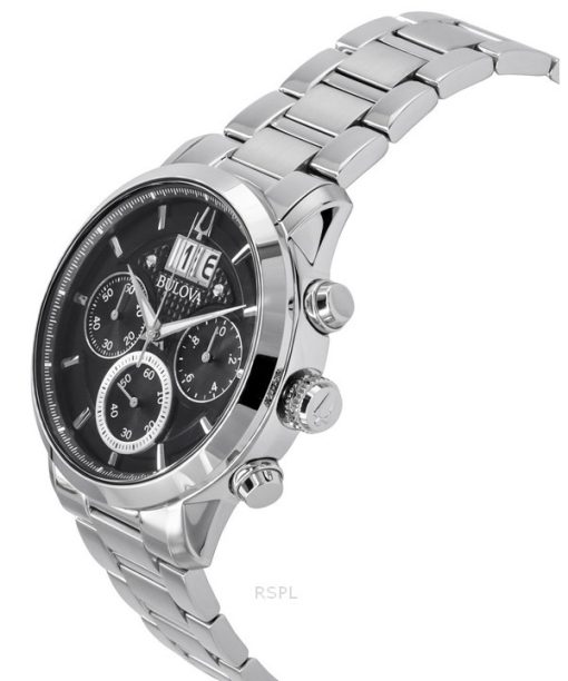 Bulova Sutton Big Date Chronograph Edelstahl schwarzes Zifferblatt Quarz 96B319 Herrenuhr