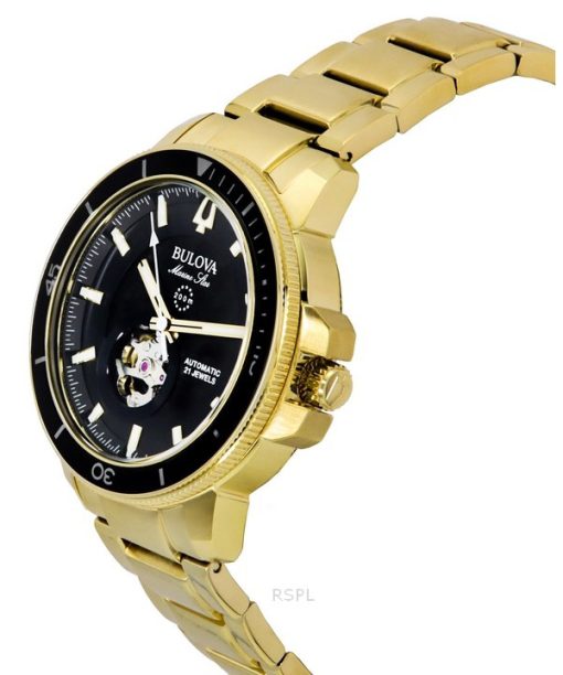 Bulova Marine Star Goldfarbene Edelstahl-Automatik-Taucheruhr mit schwarzem Zifferblatt 97A174 200M Herrenuhr