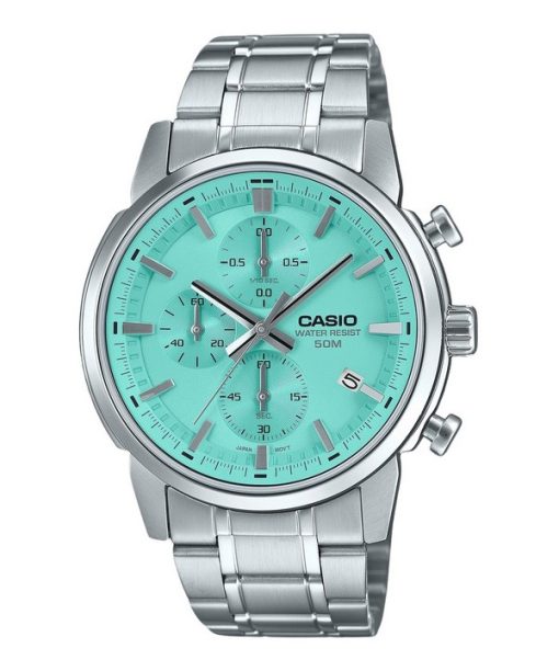 Casio Standard Analog Chronograph Edelstahl Türkis Zifferblatt Quarz MTP-E510D-2AV Herrenuhr