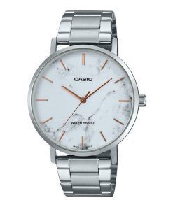 Casio Standard Analog Edelstahl Marmor inspiriert weißes Zifferblatt Quarz MTP-VT01DM-7A Herrenuhr