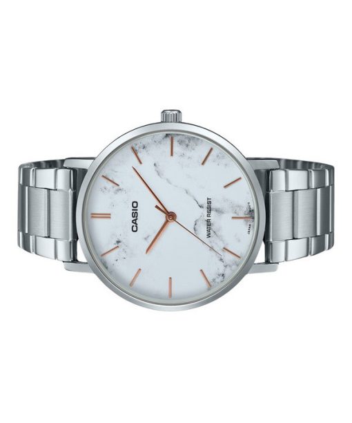 Casio Standard Analog Edelstahl Marmor inspiriert weißes Zifferblatt Quarz MTP-VT01DM-7A Herrenuhr