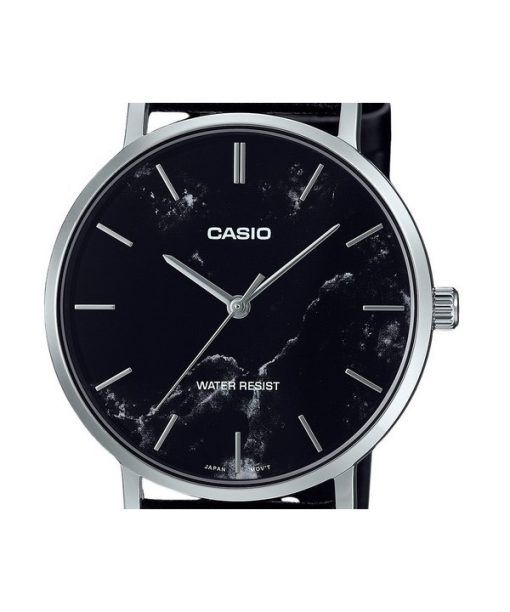 Casio Standard Analog schwarzes Lederarmband Marmor inspiriertes schwarzes Zifferblatt Quarz MTP-VT01LM-1A Herrenuhr