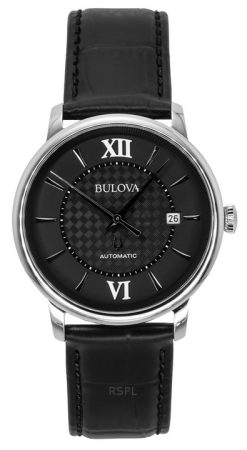 Bulova Analog Hudson Lederarmband schwarzes Zifferblatt Automatik 96B441 Herrenuhr