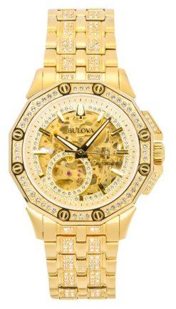 Bulova Octava Crystal Accents Edelstahl Skelett Gold Zifferblatt Automatik 98A292 Herrenuhr