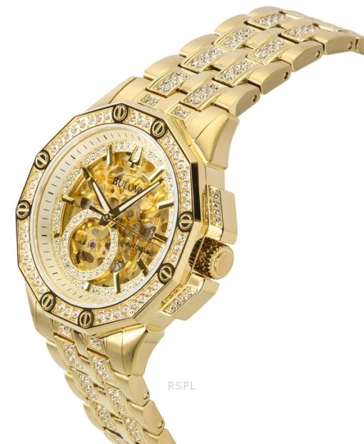 Bulova Octava Crystal Accents Edelstahl Skelett Gold Zifferblatt Automatik 98A292 Herrenuhr