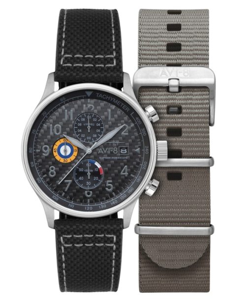 AVI-8 Hawker Hurricane Classic Chronograph Carbonfaser schwarzes Zifferblatt Quarz AV-4011-0W Herrenuhr mit extra Armband