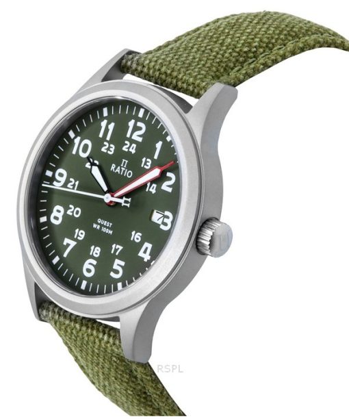 Ratio Quest Herren-Felduhr, Saphir-Canvas-Armband, Khaki-grünes Zifferblatt, Quarz, RTQ029 100M, Lewis &amp, Clark Edition