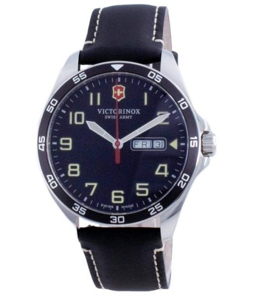 Überholte Victorinox Fieldforce Leder schwarzes Zifferblatt Quarz 241846 100M Herrenuhr