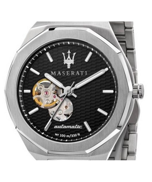 Überholte Maserati Stile Open Heart schwarzes Zifferblatt Edelstahl Automatik R8823142002 100M Herrenuhr