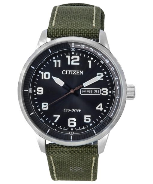 Überholte Citizen Urban Eco-Drive Herrenuhr mit grünem Nylonarmband und schwarzem Zifferblatt BM8590-10E 100M