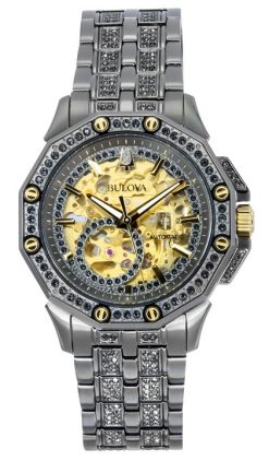 Bulova Octava Crystal Accents Edelstahl Skelett Gold Zifferblatt Automatik 98A293 Herrenuhr