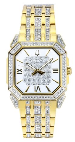 Bulova Octava Crystal Accents Goldfarbener Edelstahl Silbernes Zifferblatt Quarz 98A295 Herrenuhr