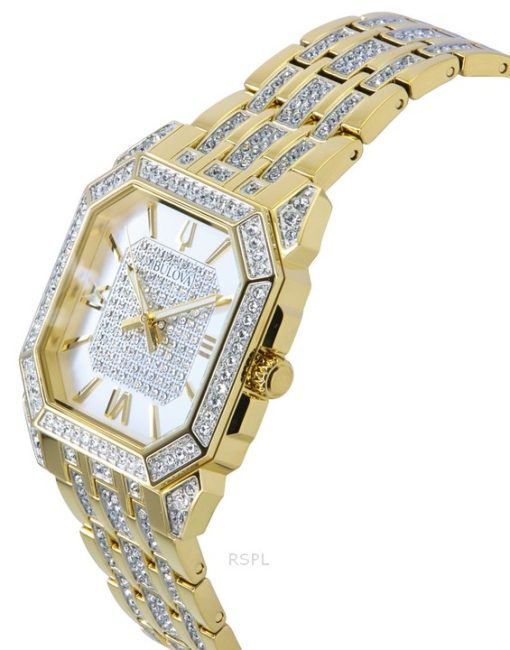 Bulova Octava Crystal Accents Goldfarbener Edelstahl Silbernes Zifferblatt Quarz 98A295 Herrenuhr