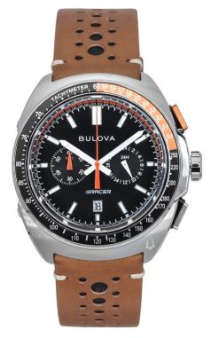 Bulova Racer Chronograph Lederarmband schwarzes Zifferblatt Quarz 98B427 100M Herrenuhr