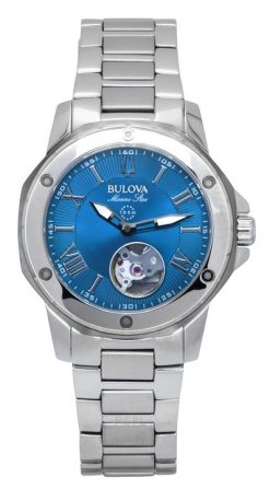 Bulova Marine Star Edelstahl Open Heart blaues Zifferblatt Automatik 98L317 100M Damenuhr