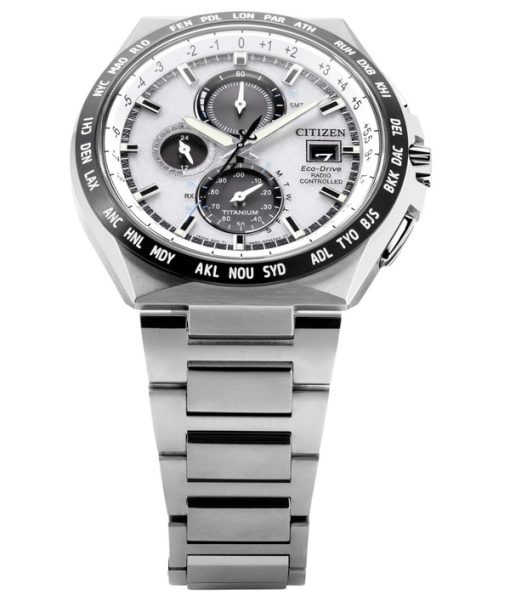 Citizen Eco-Drive Funkgesteuerter GMT Chronograph Super Titanium Silbernes Zifferblatt AT8238-84A 100M Herrenuhr