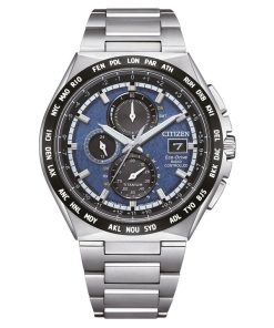 Citizen Eco-Drive Funkgesteuerter GMT Chronograph Super Titanium Blaues Zifferblatt AT8238-84L 100M Herrenuhr