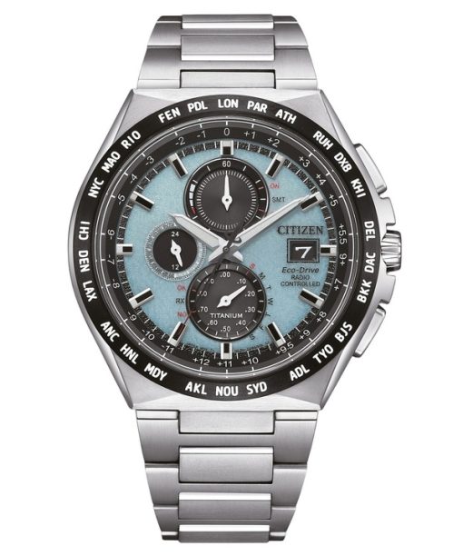 Citizen Eco-Drive Funkgesteuerter GMT Chronograph Super Titanium Hellblaues Zifferblatt AT8238-84M 100M Herrenuhr