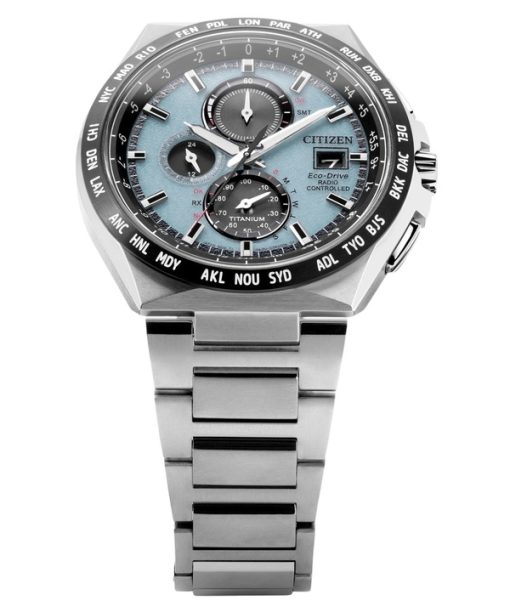 Citizen Eco-Drive Funkgesteuerter GMT Chronograph Super Titanium Hellblaues Zifferblatt AT8238-84M 100M Herrenuhr