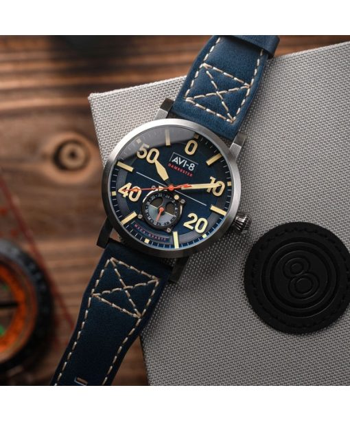 AVI-8 Dambuster Chadwick Meca-Quartz Kobaltblaues Lederarmband Blaues Zifferblatt AV-4113-01 Herrenuhr