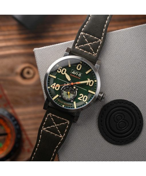 AVI-8 Dambuster Chadwick Meca-Quartz Waldgrünes Lederarmband Grünes Zifferblatt AV-4113-02 Herrenuhr