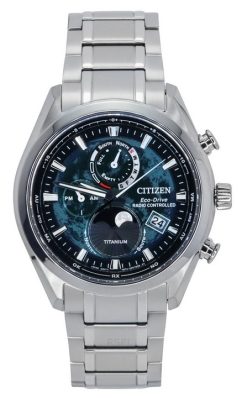 Citizen Funkuhr mit Mondphase, Super-Titanium, grünes Zifferblatt, Eco-Drive BY1010-81X 100M, Herrenuhr