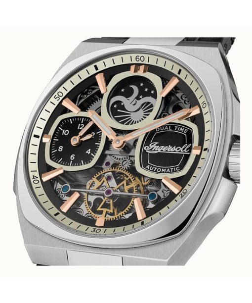 Ingersoll The Spirit Mondphase Lederarmband Schwarzes Skelett-Zifferblatt Automatik I15801 Herrenuhr