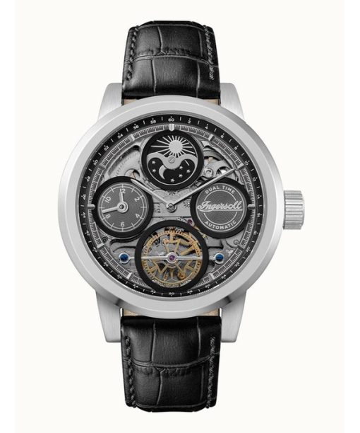 Ingersoll The Arc Mondphase Lederarmband Schwarzes Skelett-Zifferblatt Automatik I16001 Herrenuhr