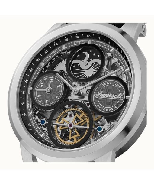 Ingersoll The Arc Mondphase Lederarmband Schwarzes Skelett-Zifferblatt Automatik I16001 Herrenuhr